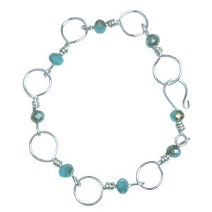 Hand Crafted Silver Plated Copper Wire Wrapped Bracelet Teal Faceted Glass Beads